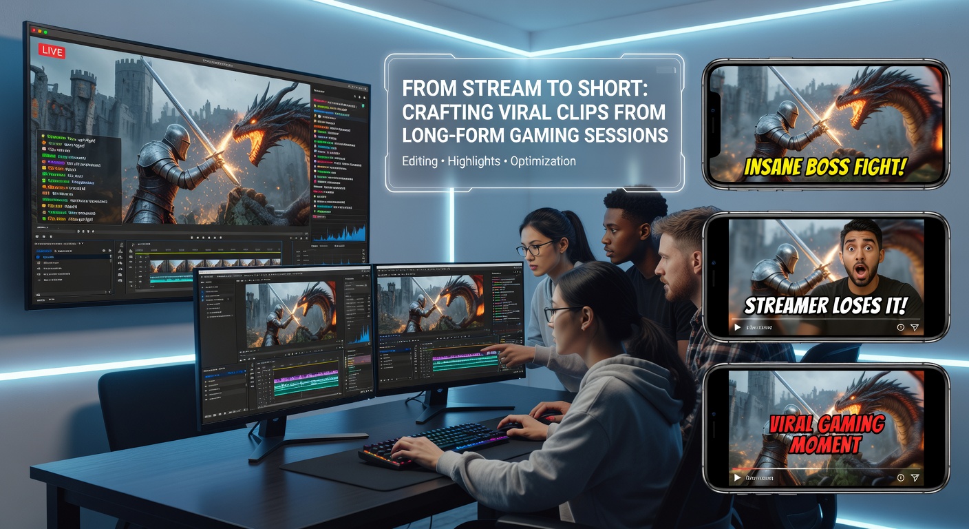 Close-up of editing software interface showing a gaming clip being trimmed, with waveforms and effects panels open
