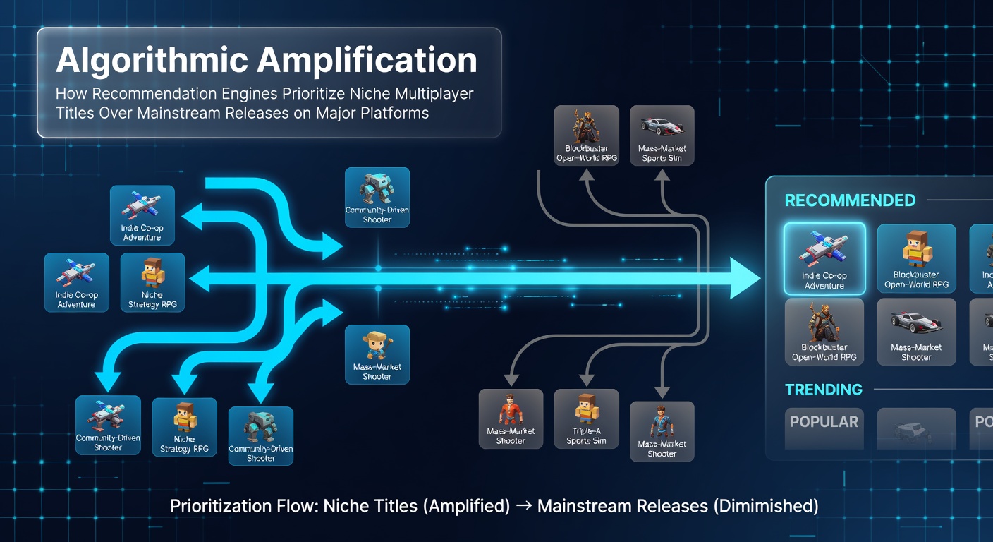 Visualization of recommendation engine data flows prioritizing niche multiplayer titles across gaming platforms