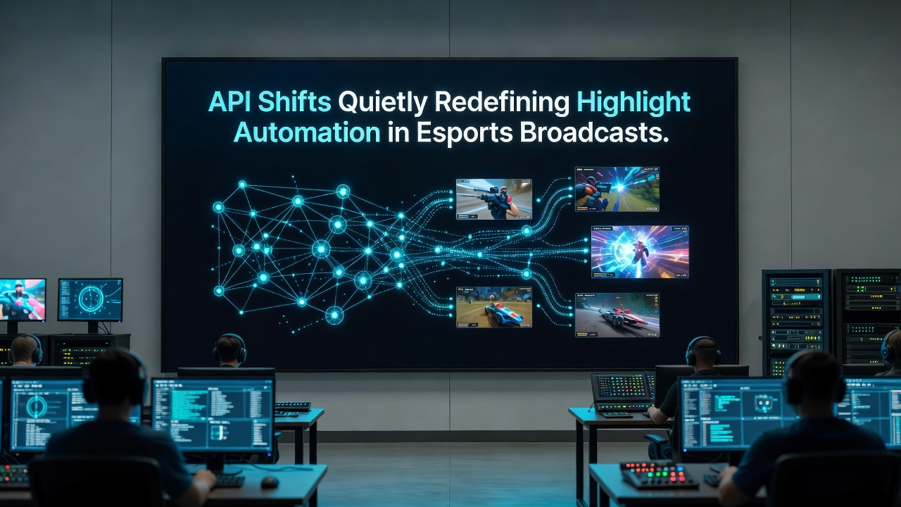 Esports broadcast control room with API-driven highlight automation interfaces displayed on multiple monitors