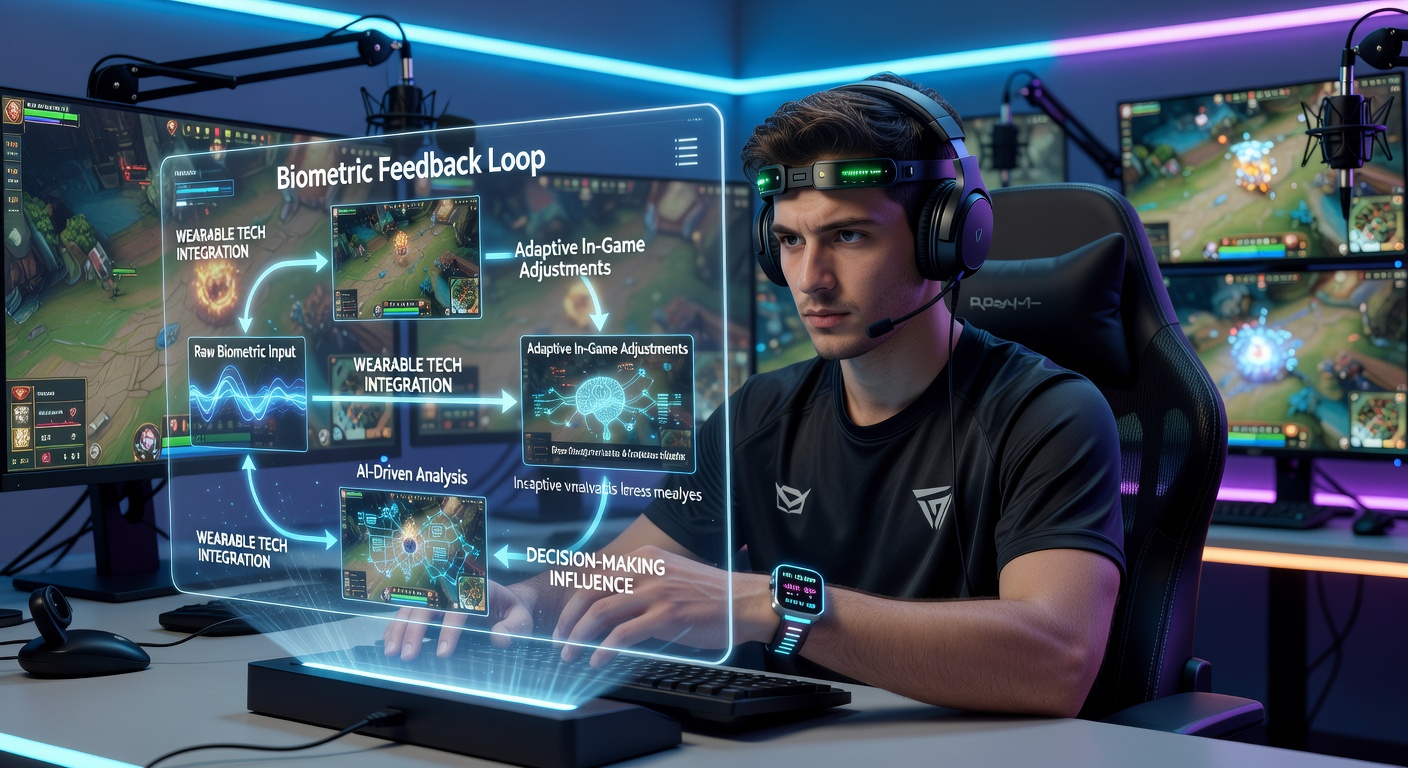 Close-up of a professional esports player wearing a heart rate monitor and EEG headband during a live tournament stream, with on-screen biometric data overlays visible to viewers