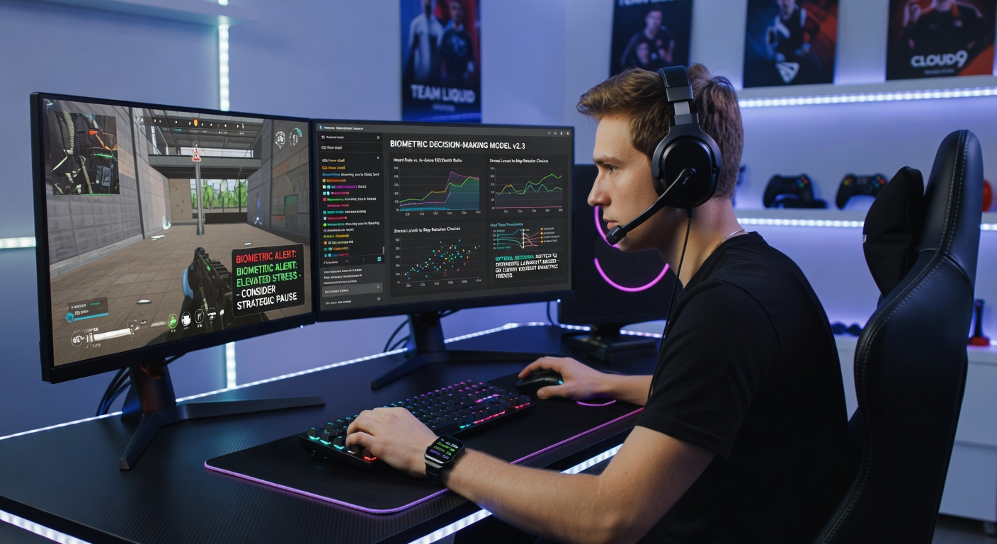 Esports broadcast control room showing multiple monitors with overlaid biometric charts from players, alongside chat analytics and director notes during a live stream