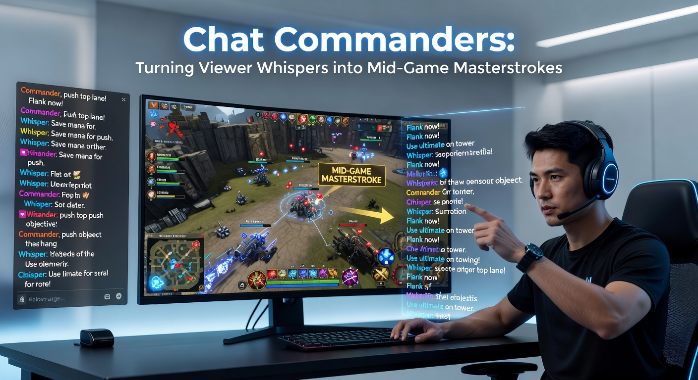 A live gaming stream with chat overlay showing viewer commands influencing in-game decisions, mid-battle