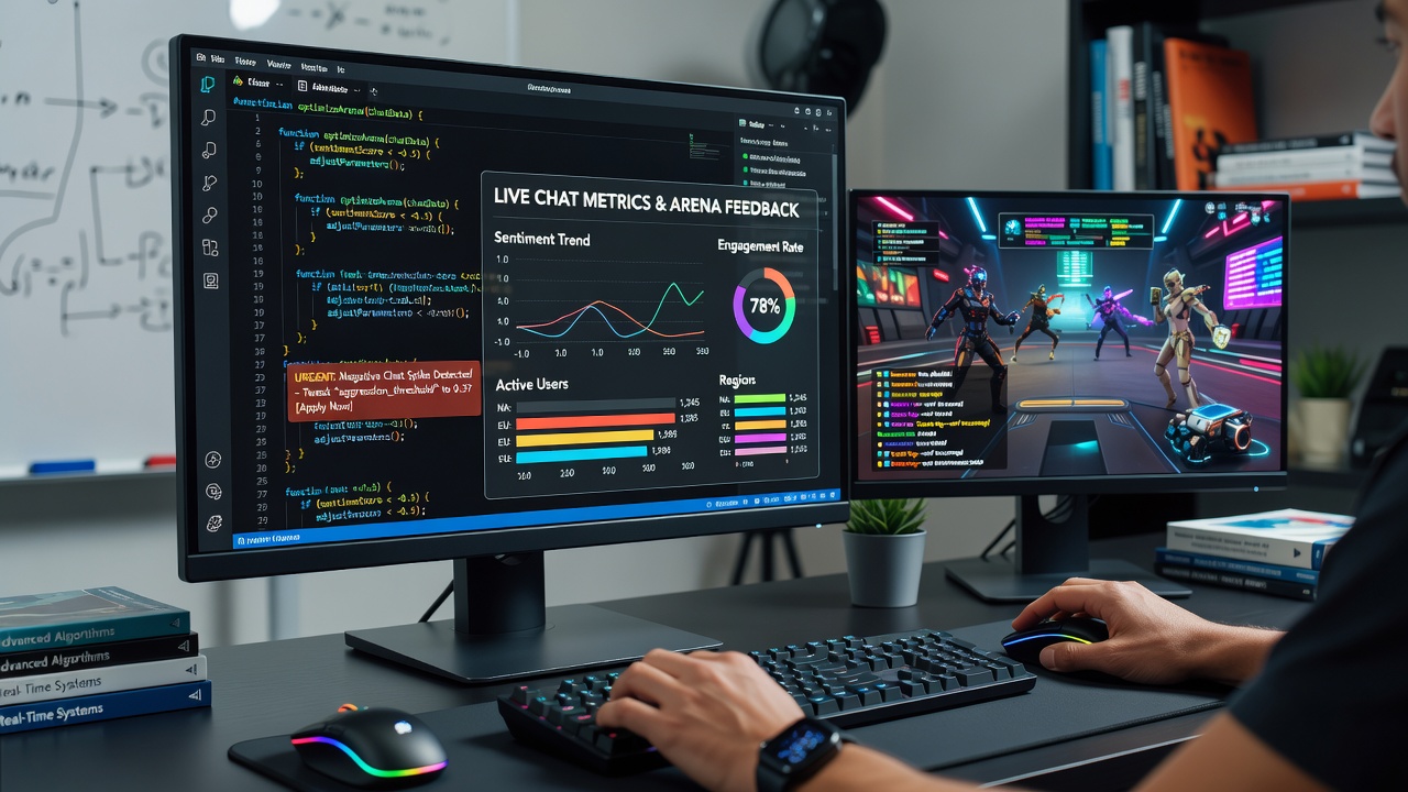 Team of engineers reviewing live chat analytics on multiple monitors while adjusting game code during an ongoing tournament