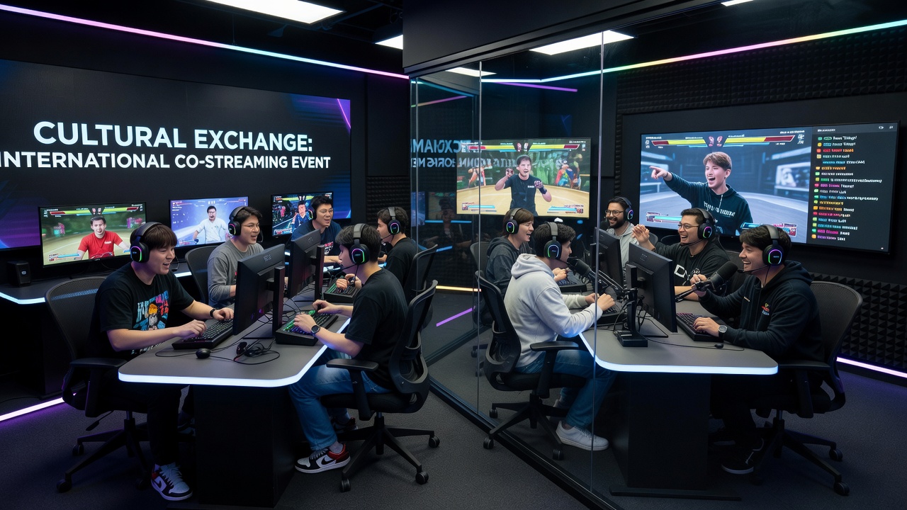 Diverse group of international streamers collaborating during a fighting game co-stream with cultural elements visible in backgrounds