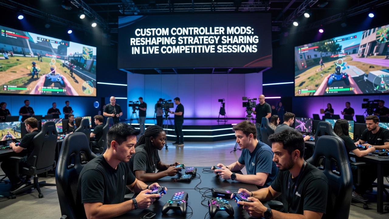 Close-up view of custom controller components used in live competitive sessions with strategy overlays