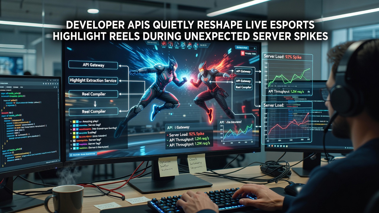 Esports broadcast control room with multiple monitors displaying live highlight generation interfaces during a major tournament