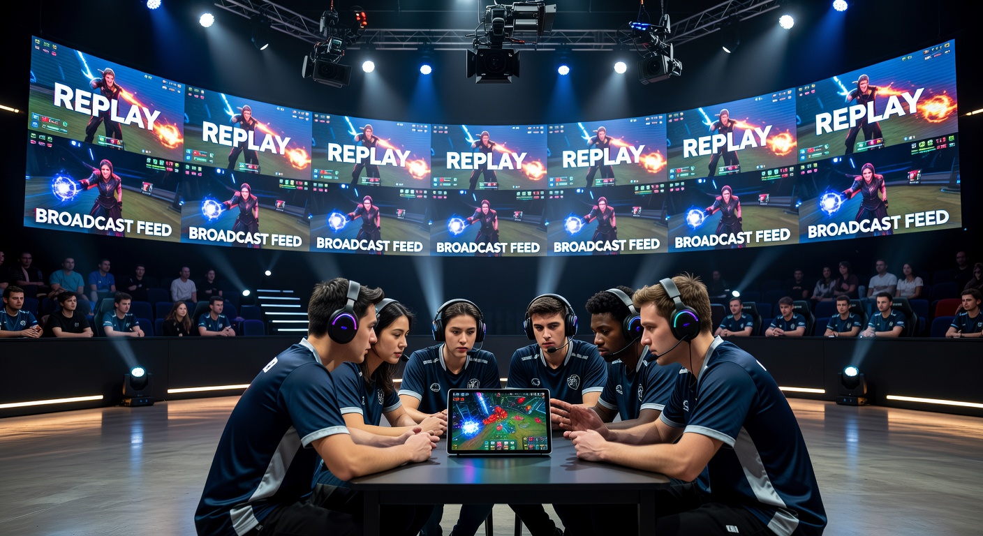 Amateur esports team analyzing broadcast footage in a dimly lit training room with multiple screens displaying repeated match replays
