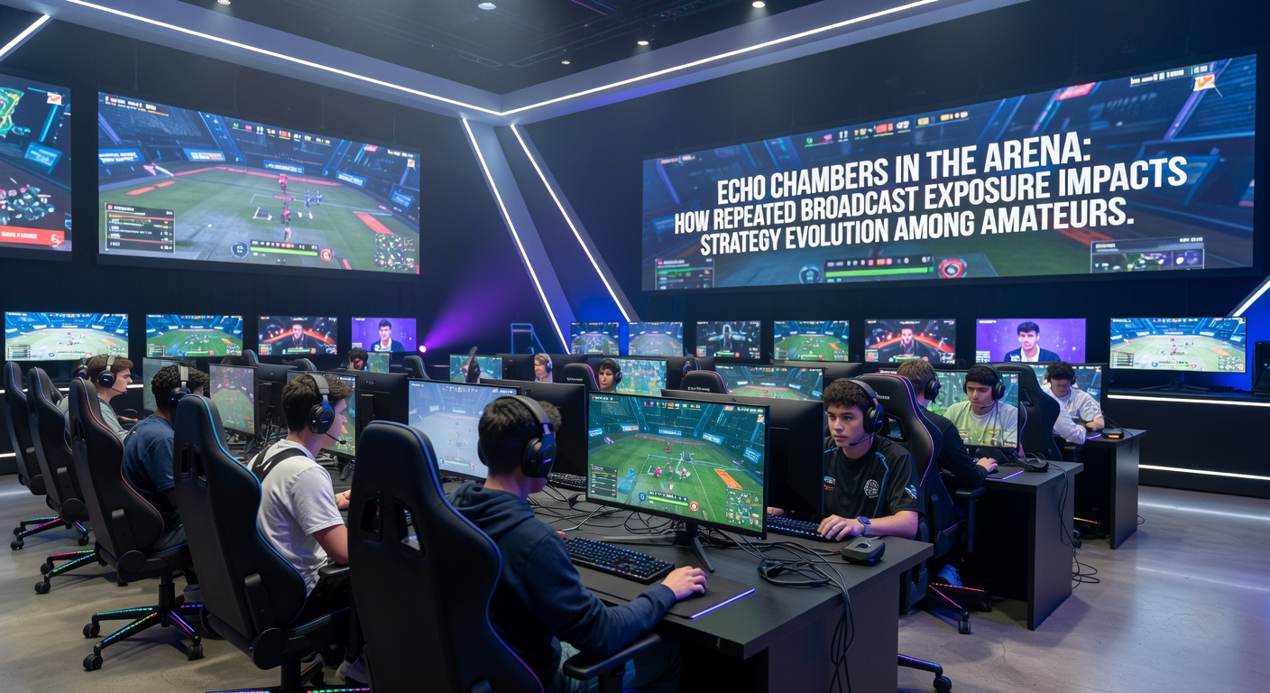 Group of amateur players reviewing strategy notes while a broadcast plays on a central monitor during a late-night practice session