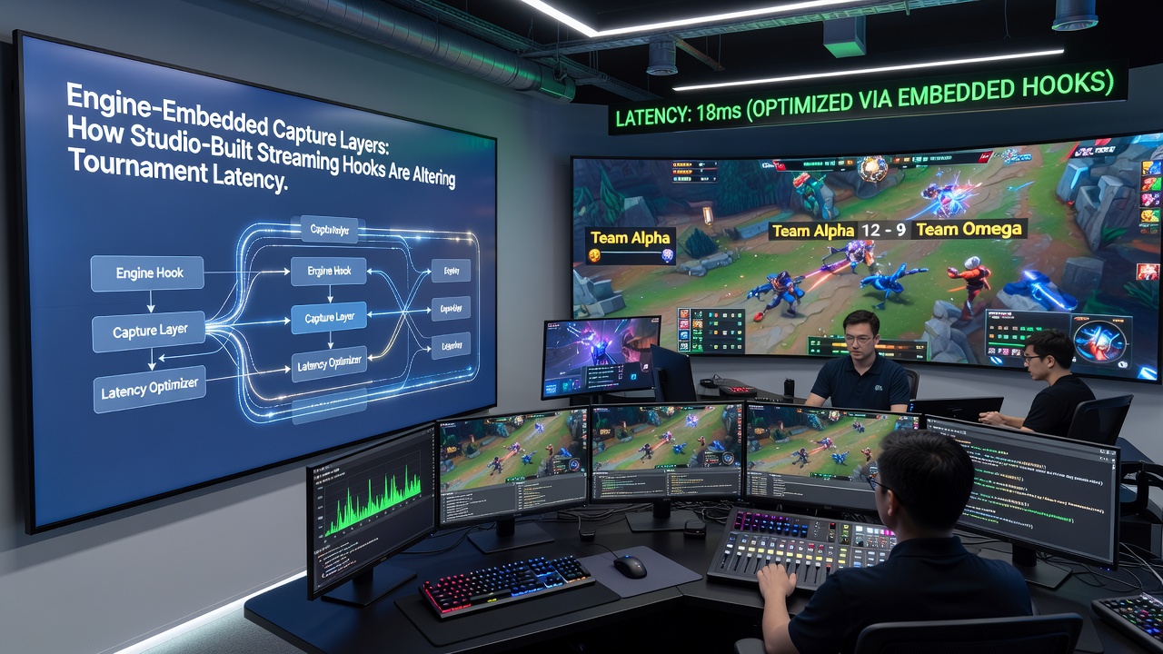 Live tournament setup with embedded hooks feeding real-time spectator data overlays during a fighting game match
