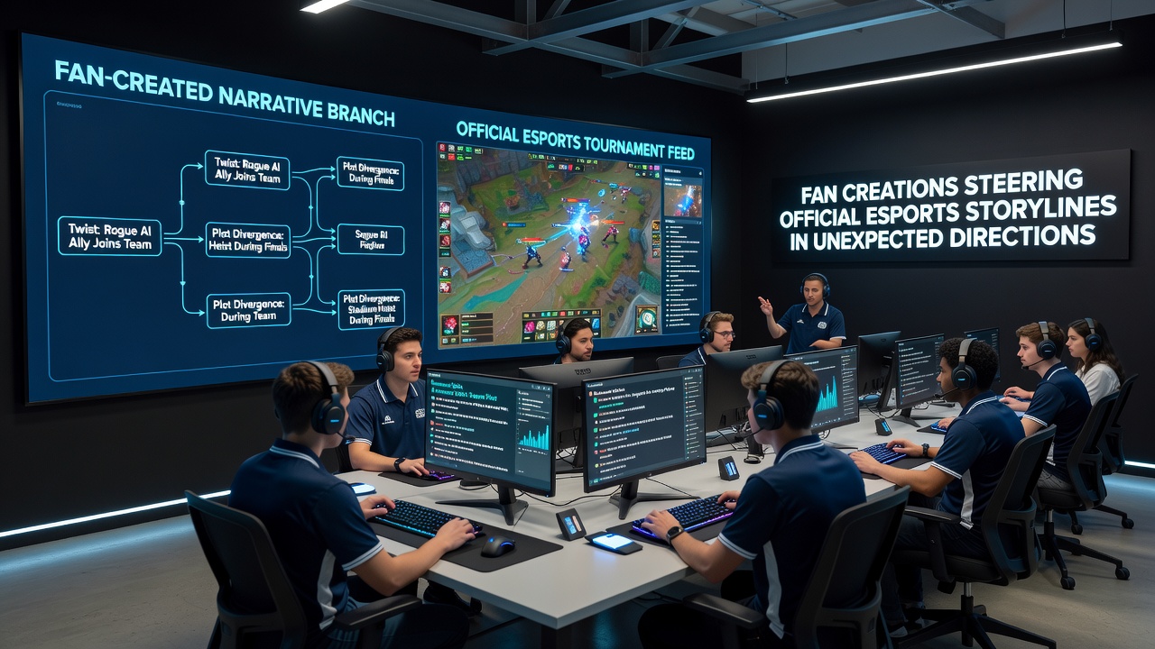 Esports commentators reviewing fan-submitted story concepts during a live broadcast preparation session
