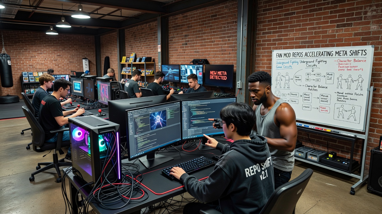 Group of competitors reviewing modded game setups on laptops during an informal fighting game meetup