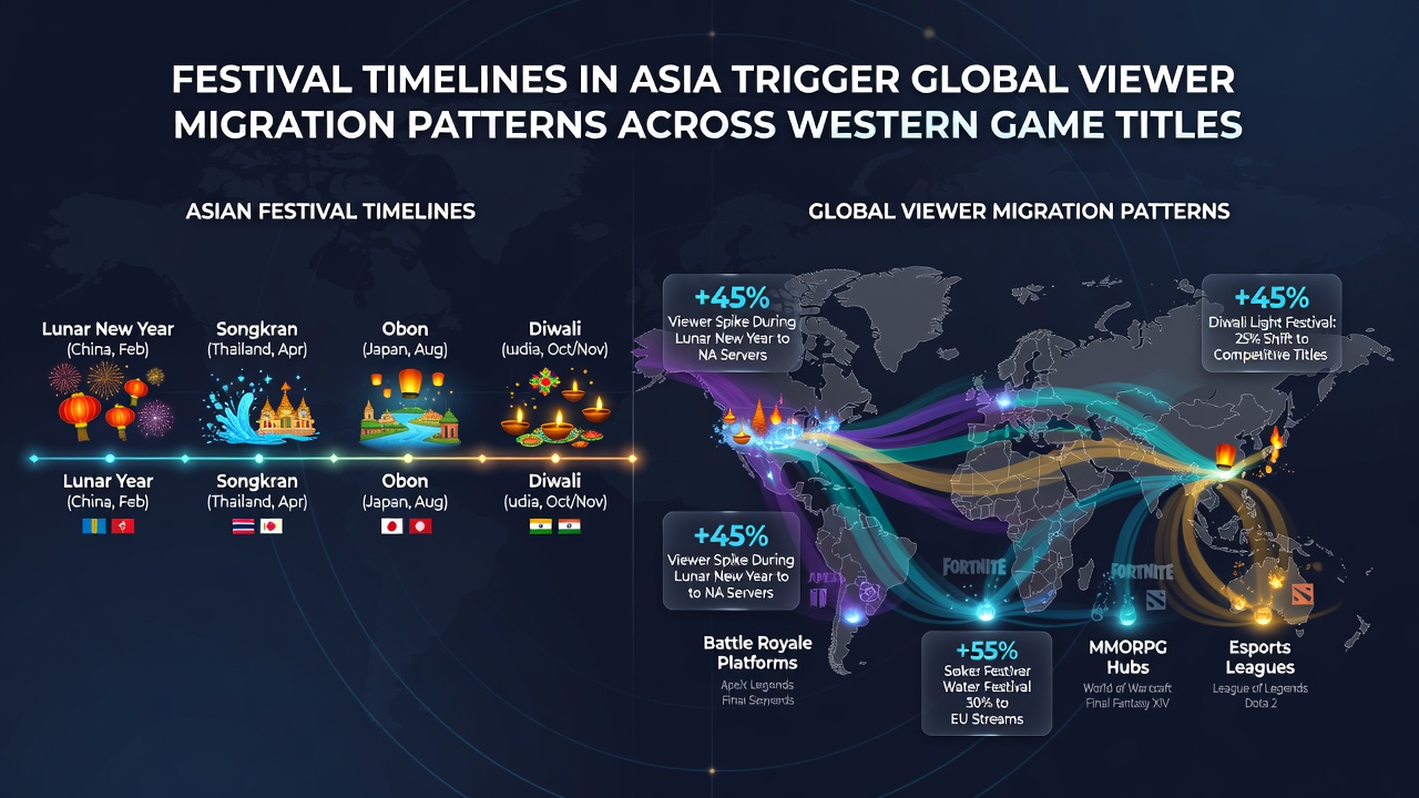 Analytics charts tracking viewer migration from Asia to other regions during festival seasons