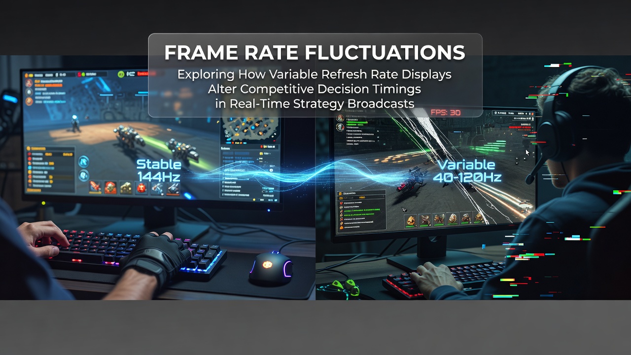 Variable refresh rate monitor displaying frame rate metrics during an RTS esports broadcast analysis session