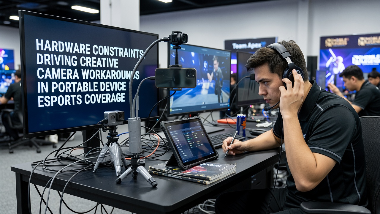 Technician adjusting mobile camera rig with external stabilizer for esports tournament coverage