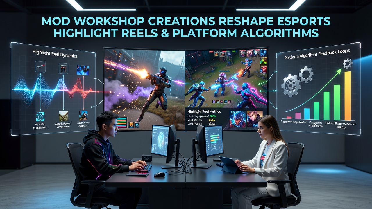 Close-up of a content creator applying workshop mod overlays to an esports replay sequence on editing software