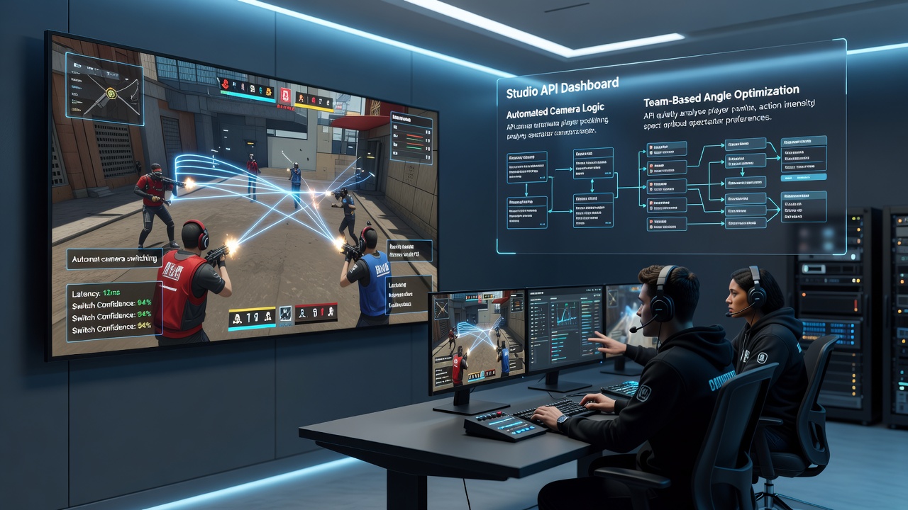 Esports production studio with multiple monitor displays showing automated camera feeds during a team match broadcast