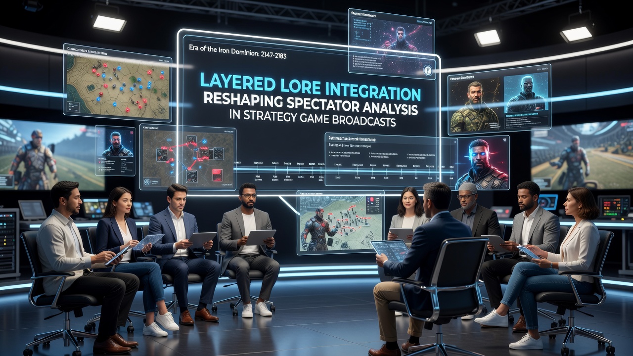 Broadcast analysts discussing layered lore integration in a strategy game tournament setting