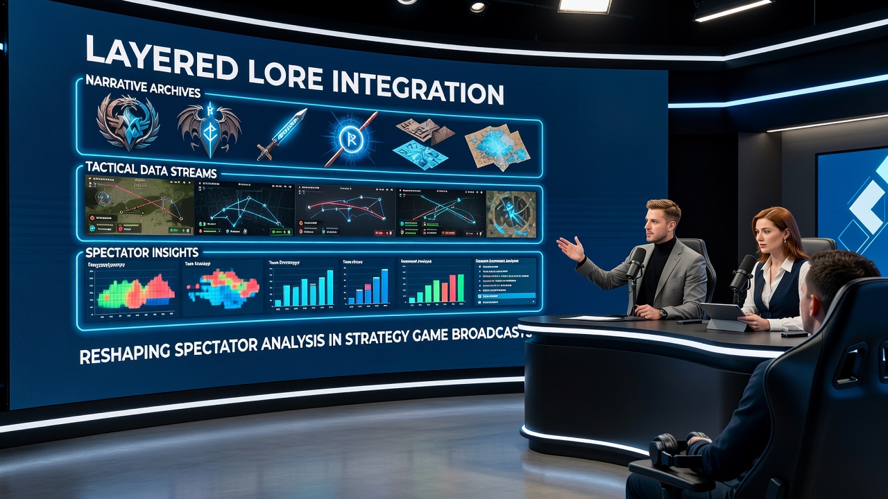 Spectators analyzing strategy gameplay with overlaid lore elements on screen during a live broadcast