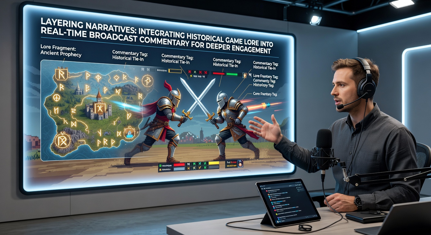 Broadcaster referencing game lore elements on screen during an esports match