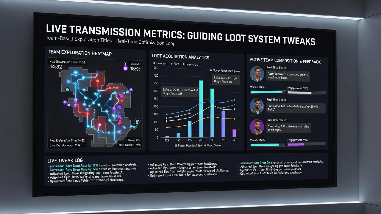 Developers reviewing overlaid stream analytics and loot distribution charts during a team meeting