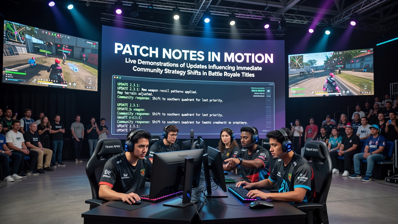 Live patch demonstration screen showing battle royale update changes during a developer stream