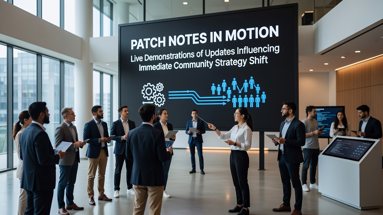 Players reviewing patch notes together on multiple screens during a battle royale session