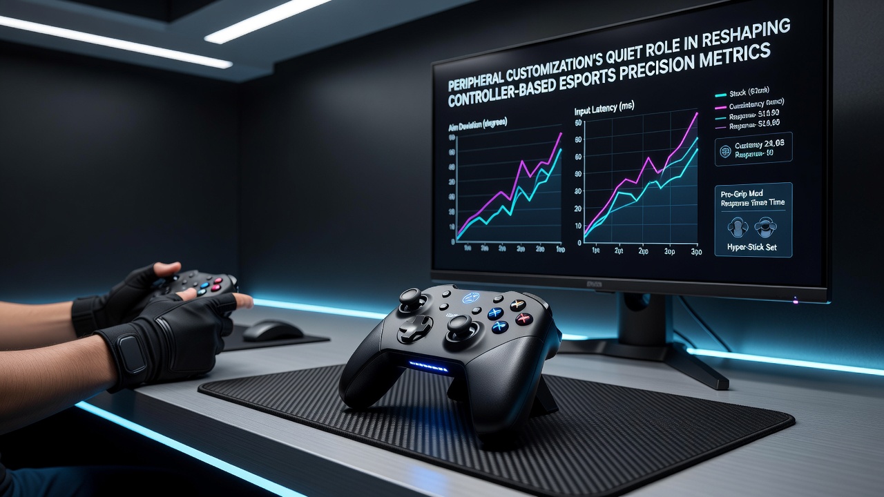 Close-up view of customized esports controller with modified analog sticks and added paddles on a professional setup