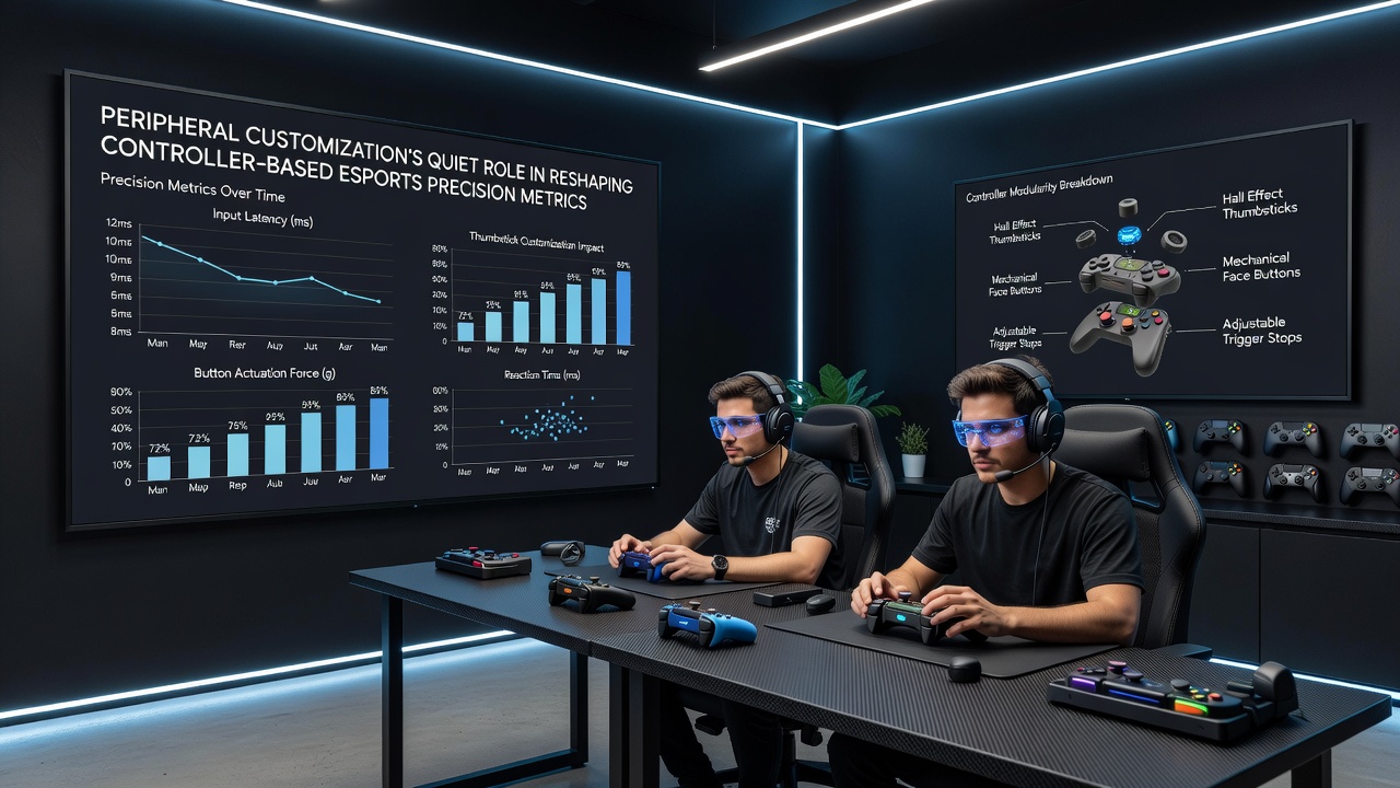 Professional esports player adjusting a customized controller during a live tournament match with precision metrics overlay on screen