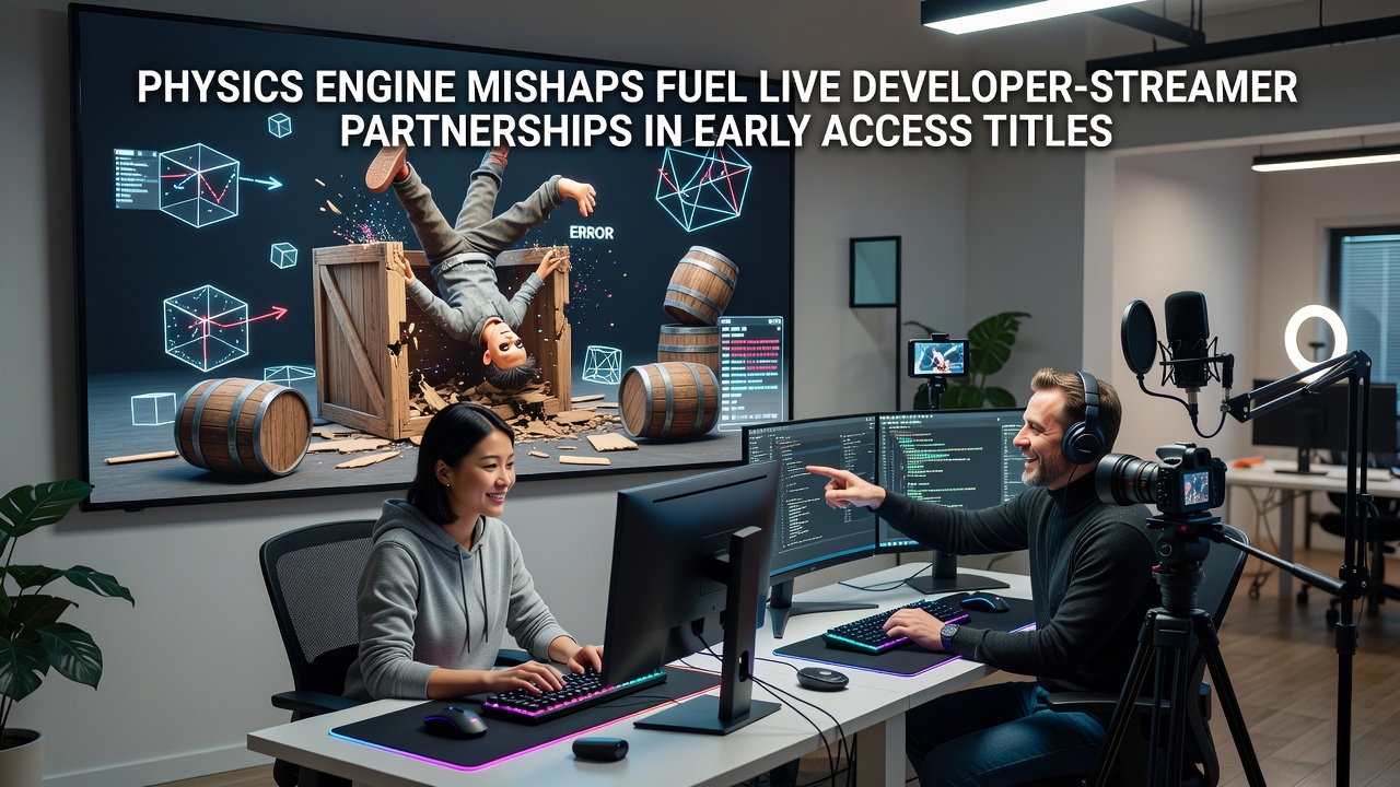 Developers and streamers collaborating during a live session showcasing physics glitches in an early access game