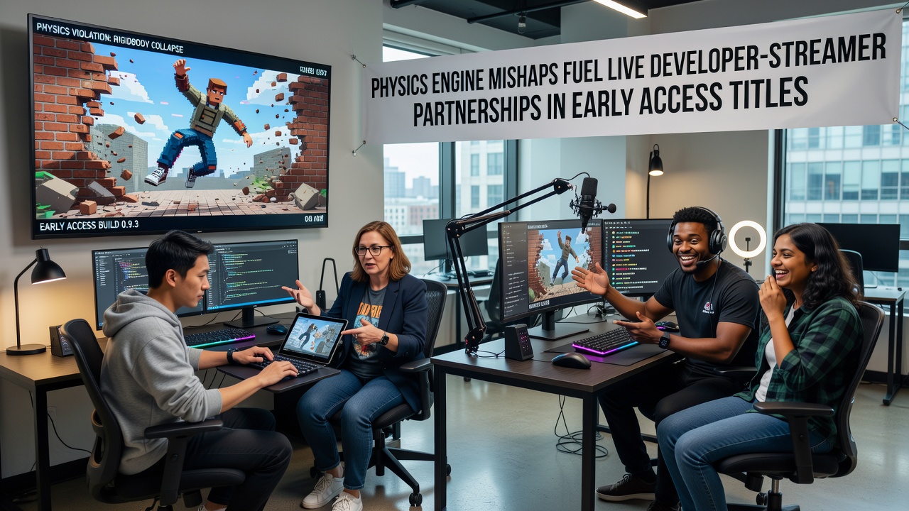 Streamer screen showing real-time physics debug tools during an early access broadcast