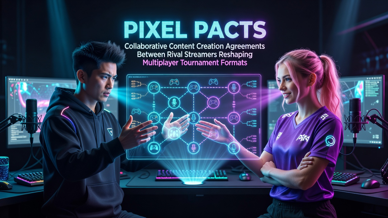 Rival streamers signing collaborative Pixel Pact agreements during a 2026 esports event