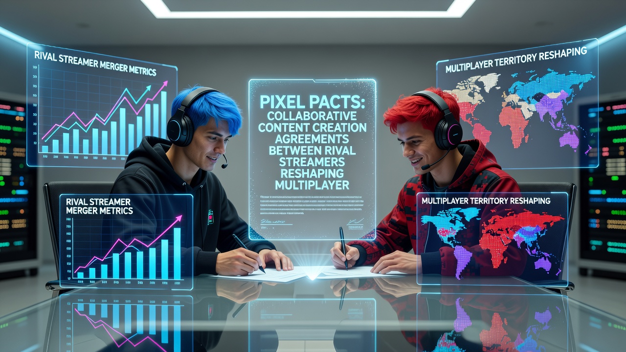 Streamers collaborating on a split-screen broadcast under a Pixel Pact during a live tournament