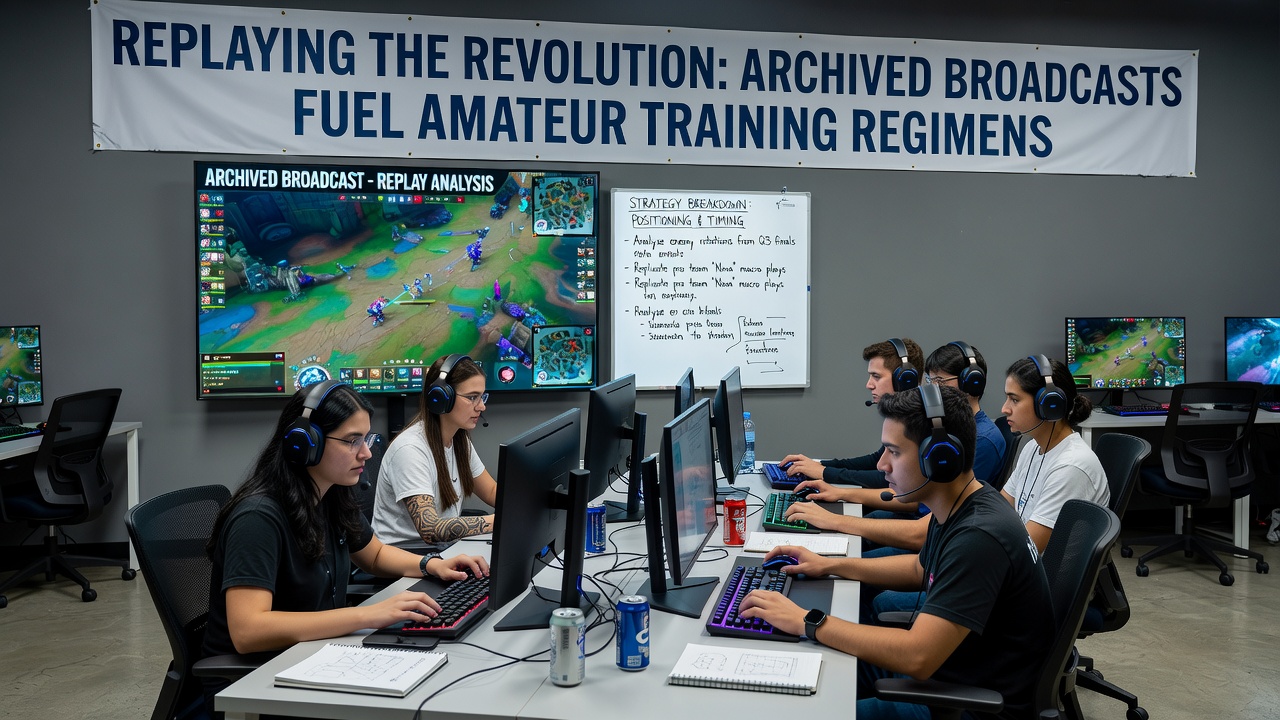 Amateur esports team analyzing archived match footage on multiple screens during a training session