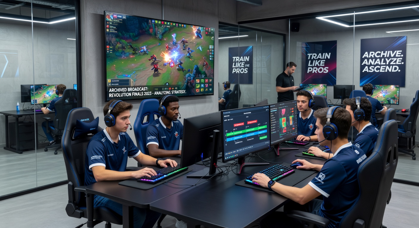 Close-up of players pausing an archived broadcast to discuss tactical adjustments on a shared display