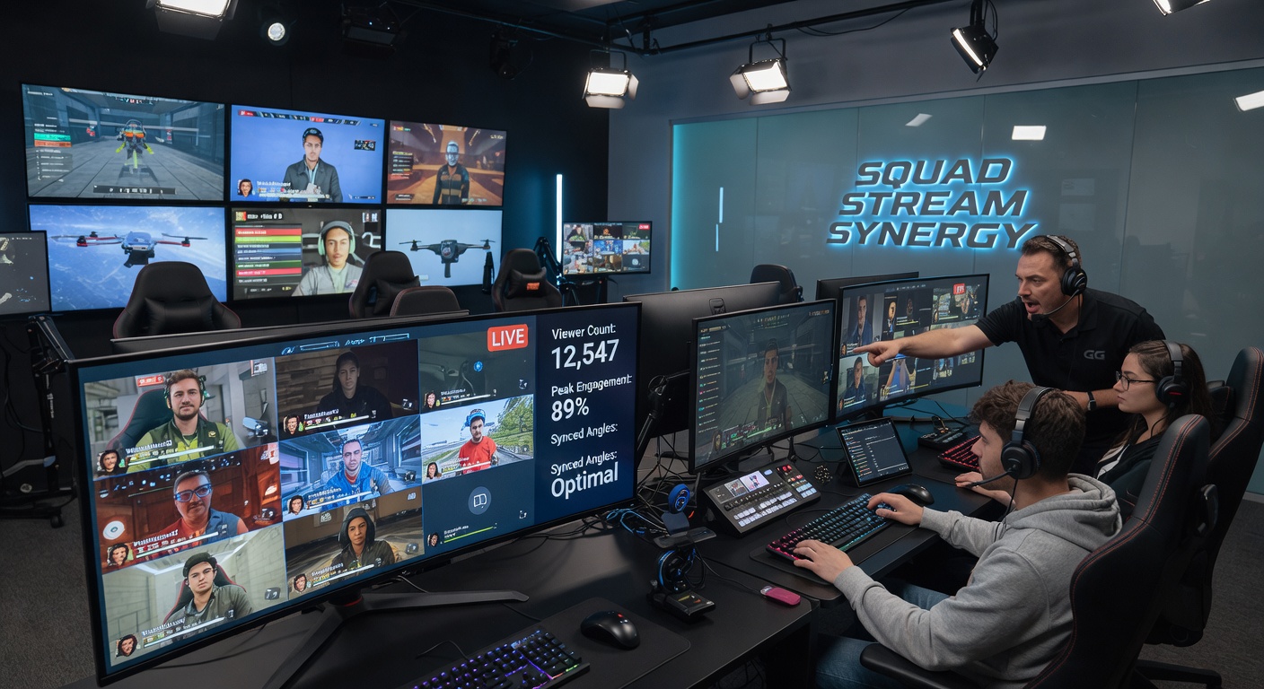 Multiple screens showing squad members' perspectives in a battle royale stream, with overlaid coordination tools highlighting camera angles