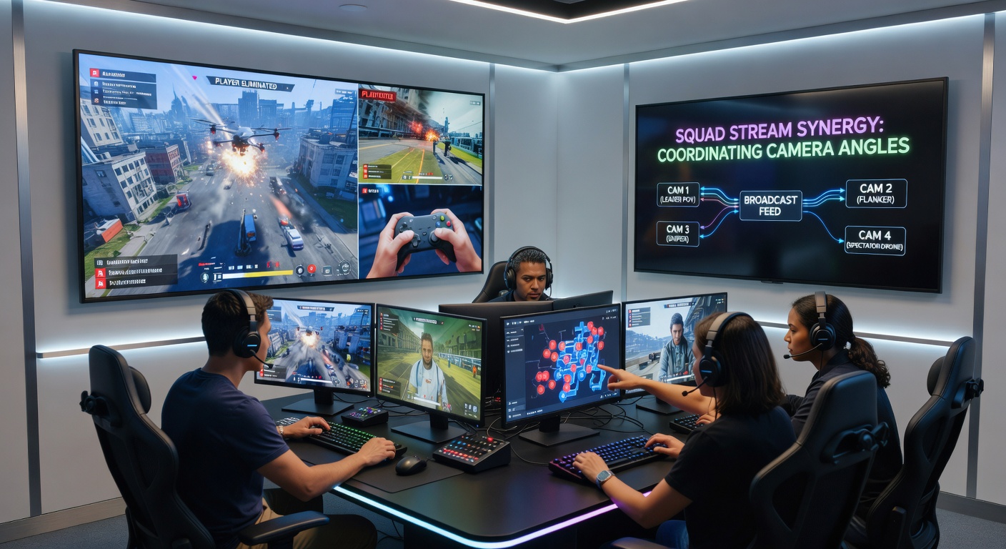 Control room setup with multiple monitors displaying coordinated squad camera angles during a live battle royale broadcast