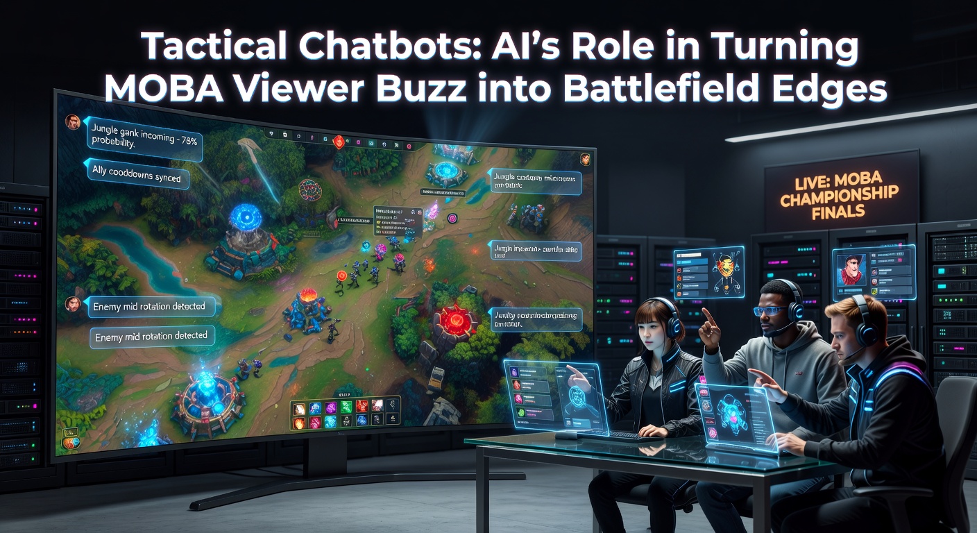 Dynamic visualization of AI chatbot parsing live Twitch chat data during a high-stakes MOBA match, highlighting sentiment spikes on hero picks