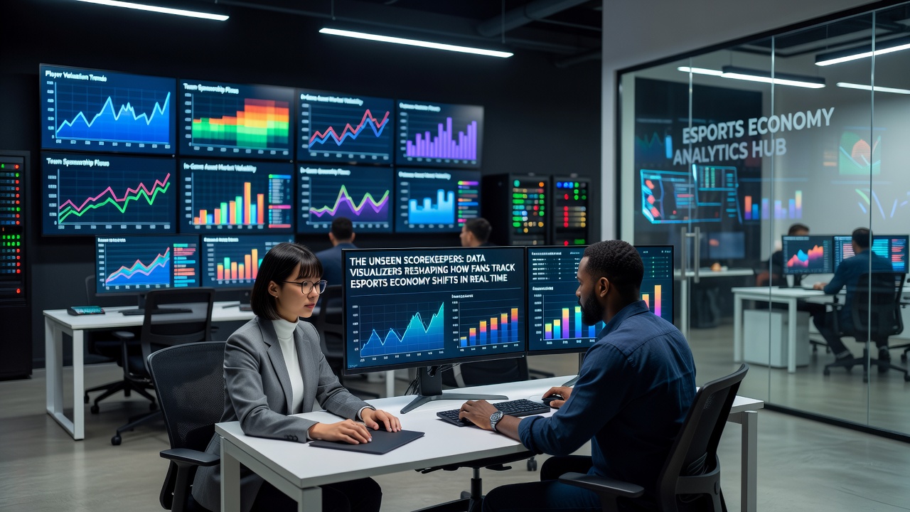 Fans analyzing live data visualizations of esports market trends during a tournament broadcast