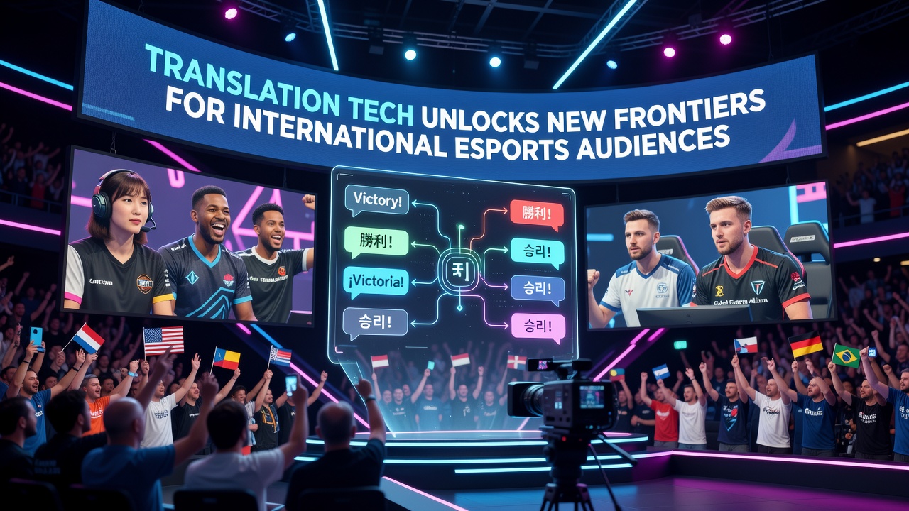 Esports tournament stage with multilingual subtitles displayed on large screens for global viewers