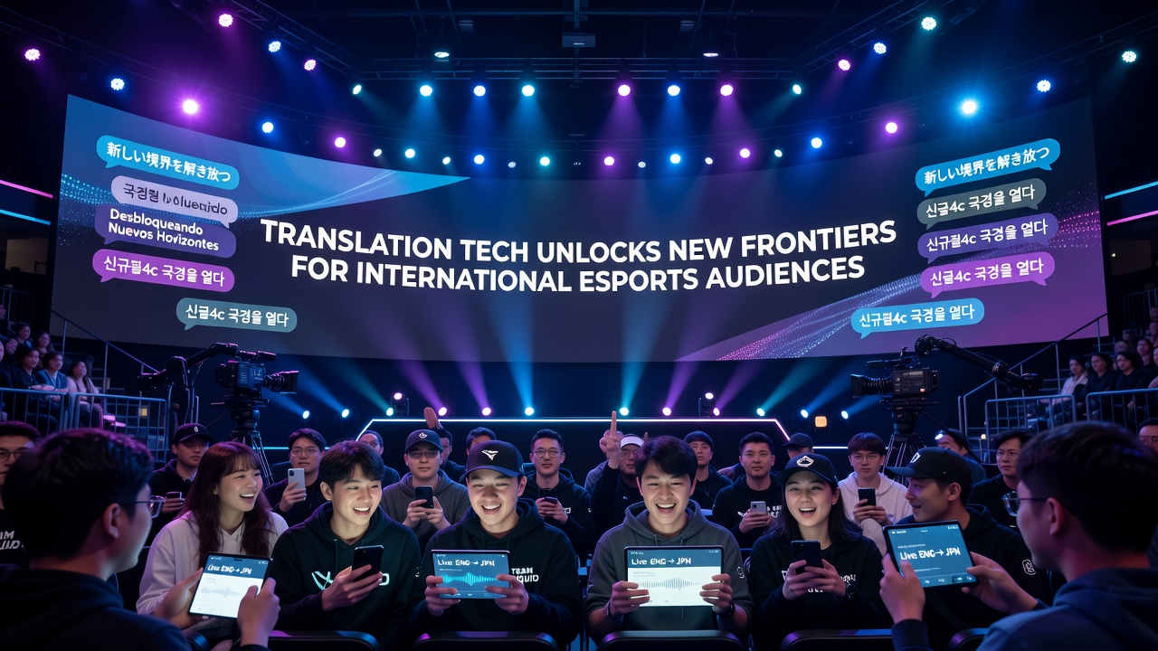 Global esports fans watching a live match with real-time translated chat and commentary overlays