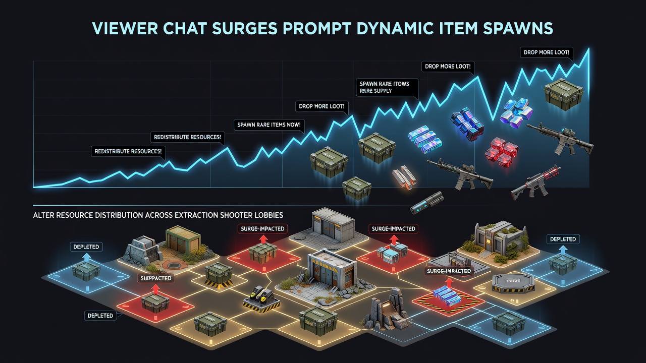 Viewer chat activity influencing in-game item spawns within an extraction shooter lobby