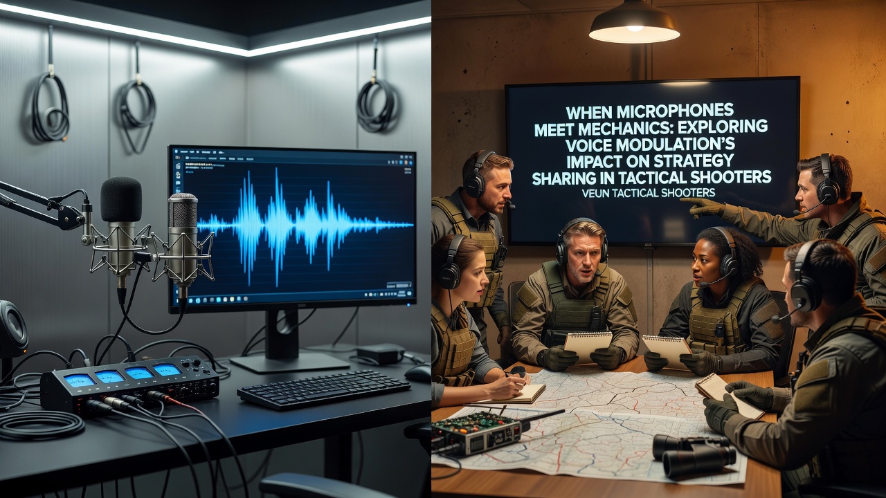 Players in a tactical shooter using voice comms with modulation overlays showing altered waveforms during team coordination