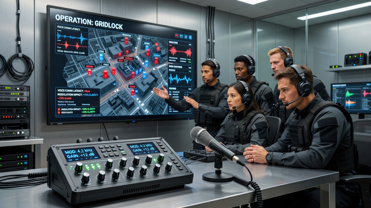 Close-up of in-game voice interface displaying modulation settings alongside tactical map and team chat overlay